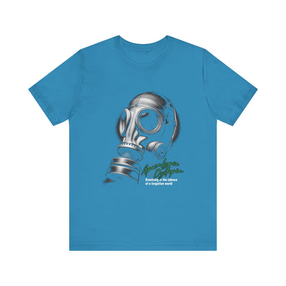Gas mask breathing in the silence  of a forgotten T-Shirt